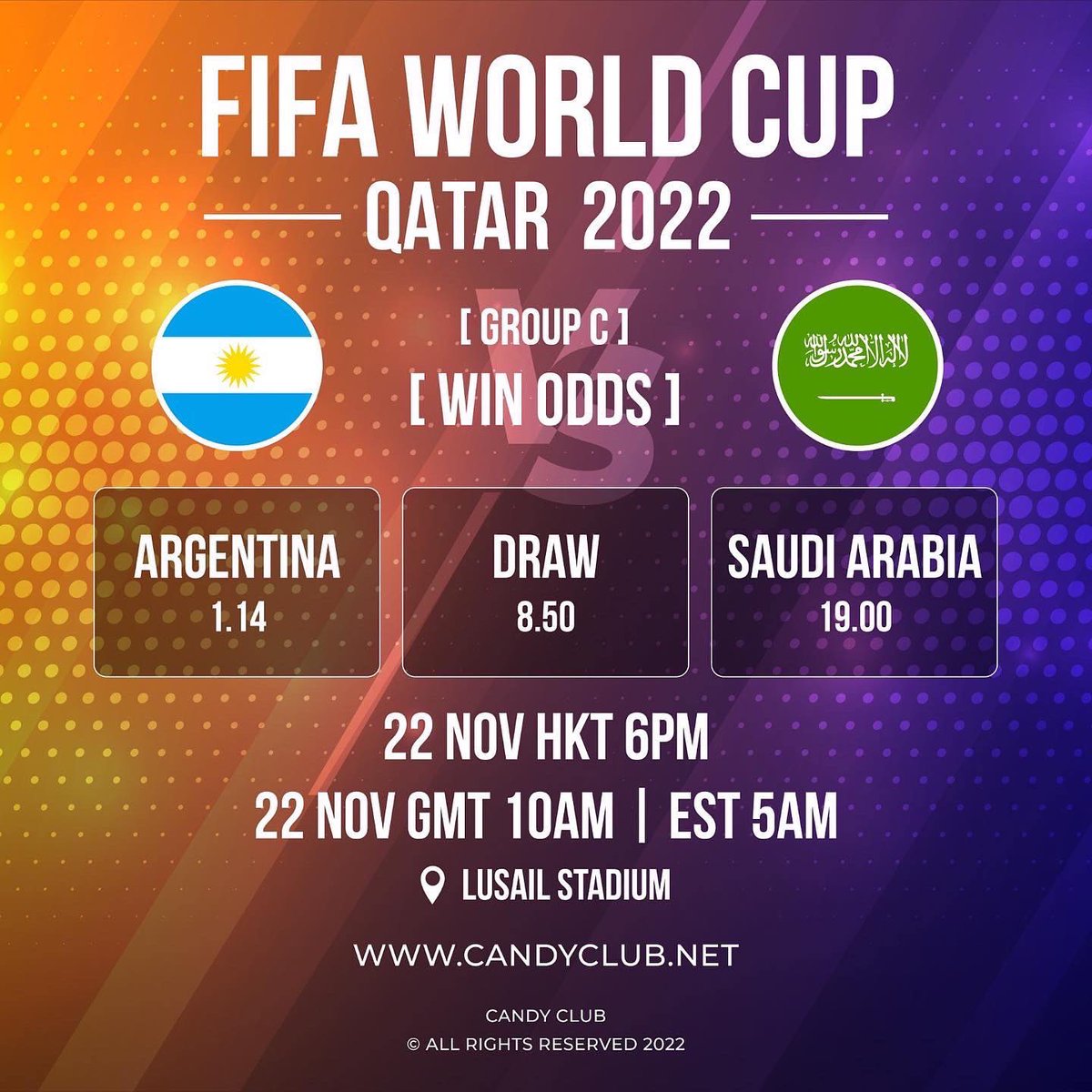 candycryptoclub's tweet photo. DAY 3 Today’s FIFA Matches:

Bets on https://t.co/s1AOYJU2u4 open - odds updated throughout matches - Place your bets!

1.Argentina vs Saudi Arabia 22 Nov 10AM GMT
2.Denmark vs Tunisia 22 Nov 1PM GMT
3.Poland vs Mexico 22 Nov 4PM GMT
4.France vs Australia 22 Nov 7PM GMT https://t.co/az3LETF4eY