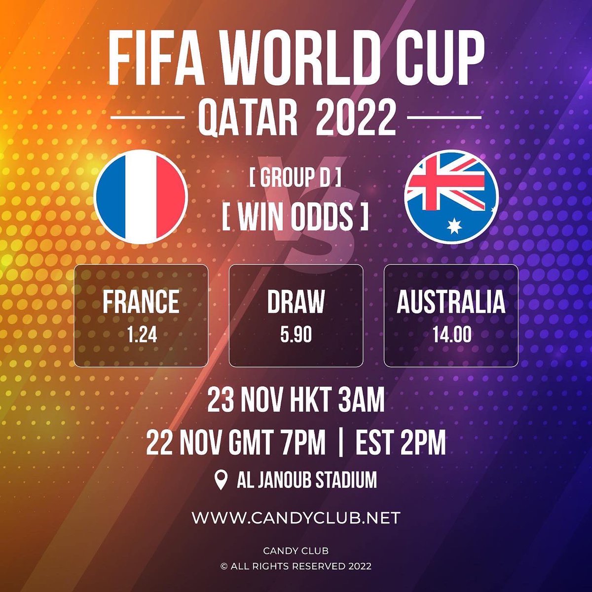 DAY 3 Today’s FIFA Matches:

Bets on candyclub.net open - odds updated throughout matches - Place your bets!

1.Argentina vs Saudi Arabia 22 Nov 10AM GMT
2.Denmark vs Tunisia 22 Nov 1PM GMT
3.Poland vs Mexico 22 Nov 4PM GMT
4.France vs Australia 22 Nov 7PM GMT