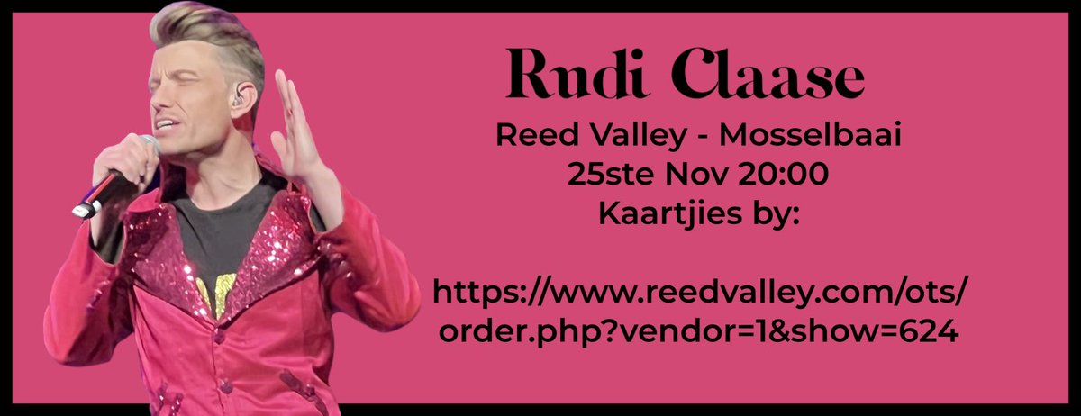 RudiClaase's tweet photo. Mosselbaai!! Ek tree Vrydag aand op by Reed Valley. Bespreek jou kaartjie by: https://t.co/Dfmgyh4fdg @Sfmstreek @KwelaMosselbaai @AfrikaansM @MBAdvertiser @MosselBayZA https://t.co/0KRlIl3n0h