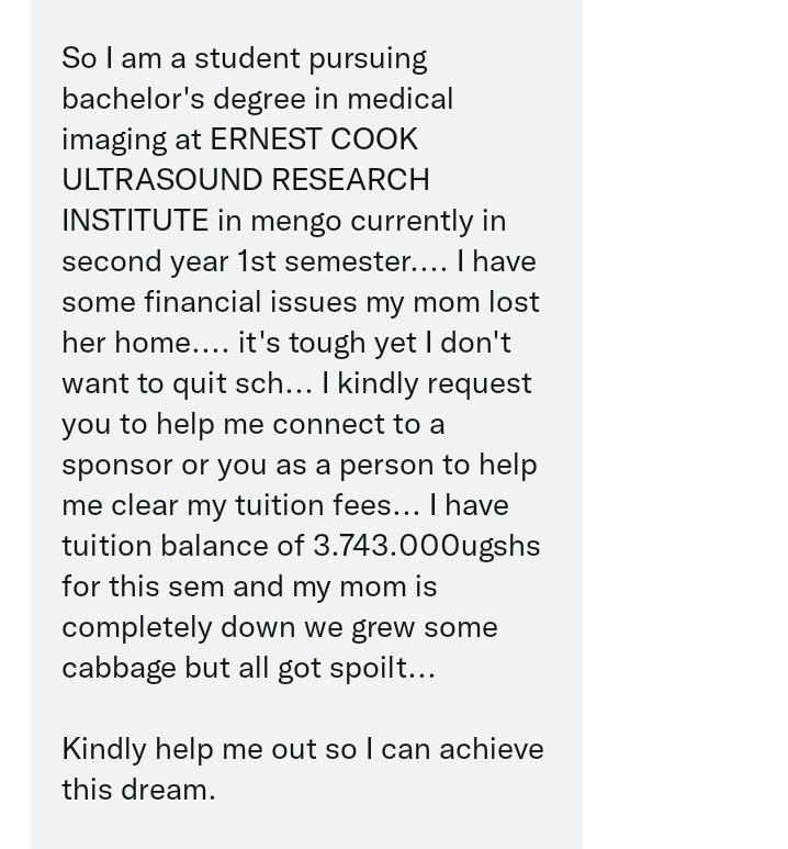 KakwenzaRukira's tweet photo. Posted with permission. If anyone is willing or can help this student, I'll DM you her details. Asante. https://t.co/zn5X3B80yC