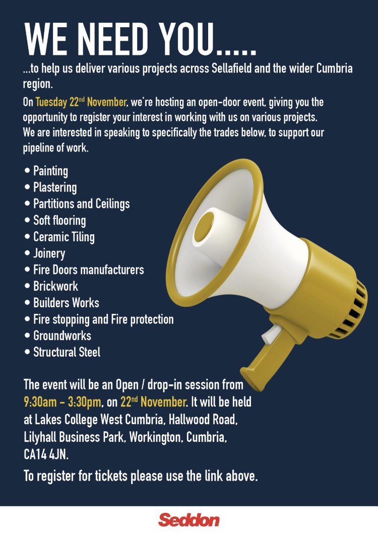 Looking forward to supporting Seddon Construction at <a href="/lakescollege/">Lakes College West Cumbria</a> today ….If you fancy popping along see details below #Cumbria #Construction #Employers #supplychain