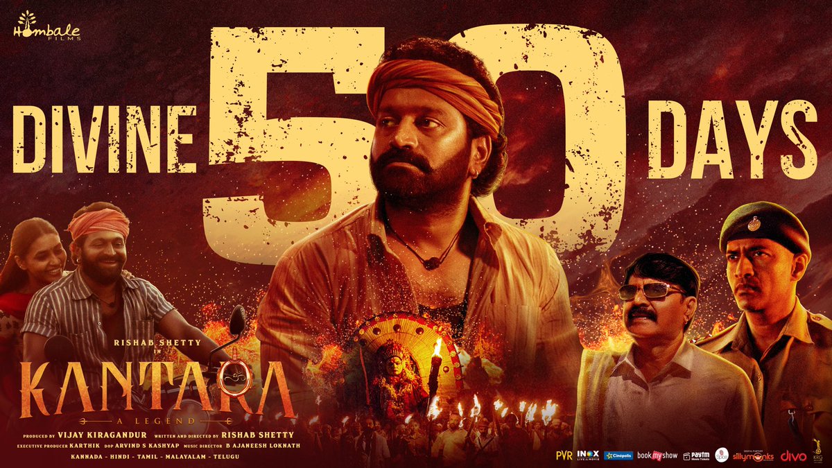 #Kantara success can be remembered for a long time. First Kannada movie to  complete 50days In all major metropolitan cities of India. After 50 days still running with screen count near 1000. KGF2 was 400. (WW)
#DivineBlockbusterKantara