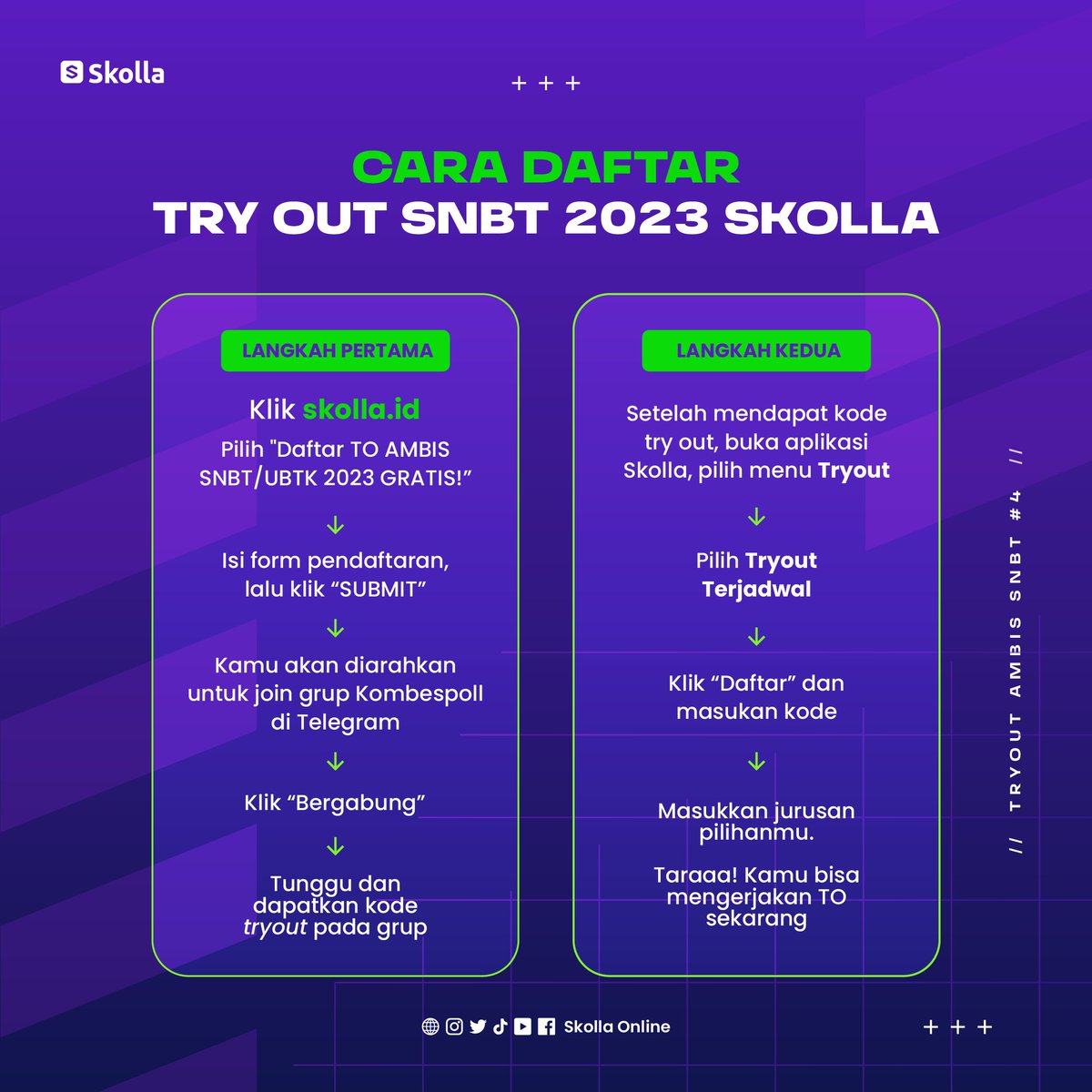 TRY OUT AMBIS SNBT 2023 GRATIS BATCH #4 TELAH DIBUKA❤️‍🔥 Telah disesuaikan dengan kebijakan Kemendikbud Daftar yuk, syaratnya: ✅ Install app Skolla ✅ Follow @skollastik, Like and RT ✅ Tag 3 temen #studytwt jangan lupa #JagoTPSbarengSkolla Cuma sampai 29 November 2022😉