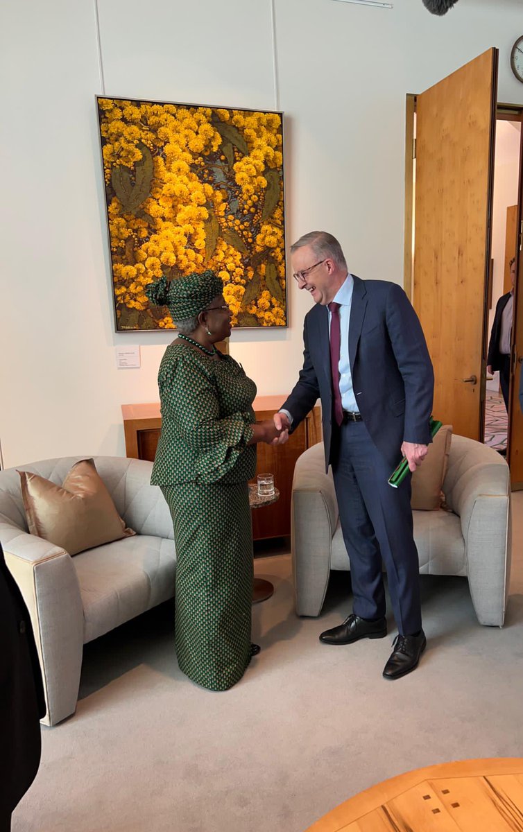 NOIweala's tweet photo. A great meeting with Prime Minister Anthony Albanese of Australia. Prime Minister @AlboMP emphasised the importance of a rules based Multilateral Trading System underpinned by the WTO and made clear Australia’s interest in a reformed @wto fit for 21st century challenges. https://t.co/dUulP9vyXV