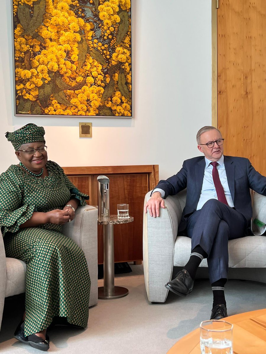 NOIweala's tweet photo. A great meeting with Prime Minister Anthony Albanese of Australia. Prime Minister @AlboMP emphasised the importance of a rules based Multilateral Trading System underpinned by the WTO and made clear Australia’s interest in a reformed @wto fit for 21st century challenges. https://t.co/dUulP9vyXV
