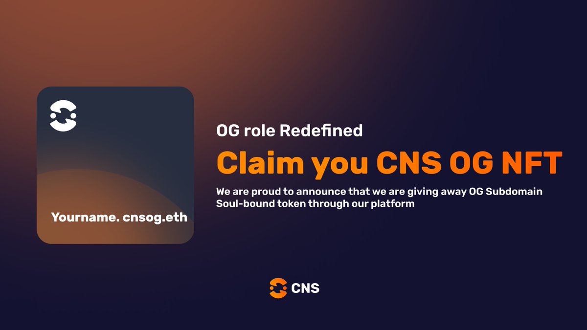 To celebrate our Mainnet launch, we are giving out CNS On-Chain OG NFT 🎁

All #ENS Holders are eligible to claim your #CNS OG NFT (SBT) now for bragging rights and proof of being early supporter

Claim Here: cns.community

Here's a step by step thread 🧵