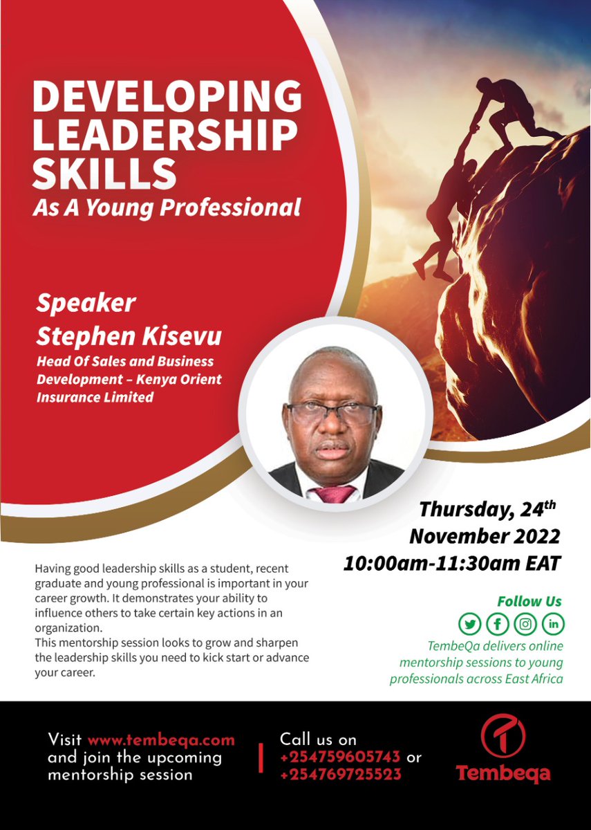TembeQa's tweet photo. Join Stephen Kisevu, Head of Sales and Business Development - Kenya Orient Insurance Limited as he talks about the power of leadership and how to improve your leadership skills as a young professional. visit https://t.co/fSNAoKxOqD for more information. https://t.co/Jm7Lx42uyo