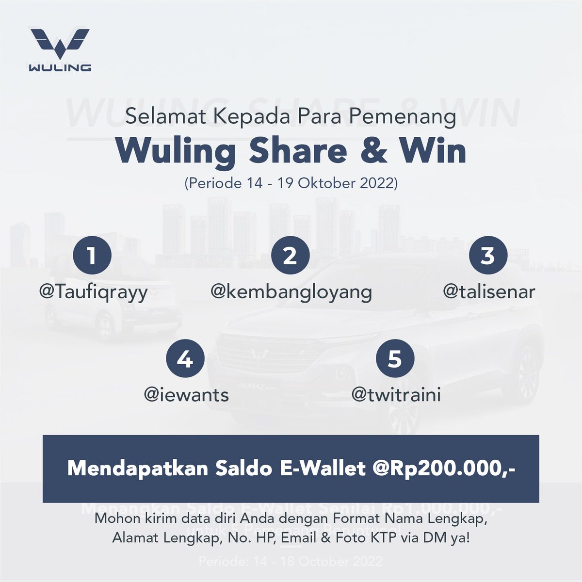 WulingMotorsID's tweet photo. Selamat Kepada Para Pemenang #WulingShareAndWin
(Periode 14 - 19 Okt 2022)
@twitraini
@iewants
@talisenar
@Taufiqrayy
@kembangloyang
Mohon kirim data diri Anda dg Format Nama Lengkap, Alamat Lengkap, No. HP, Email & Foto KTP via DM ya!
#WulingMotors #DriveForABetterLife https://t.co/JZuAbm3lBk