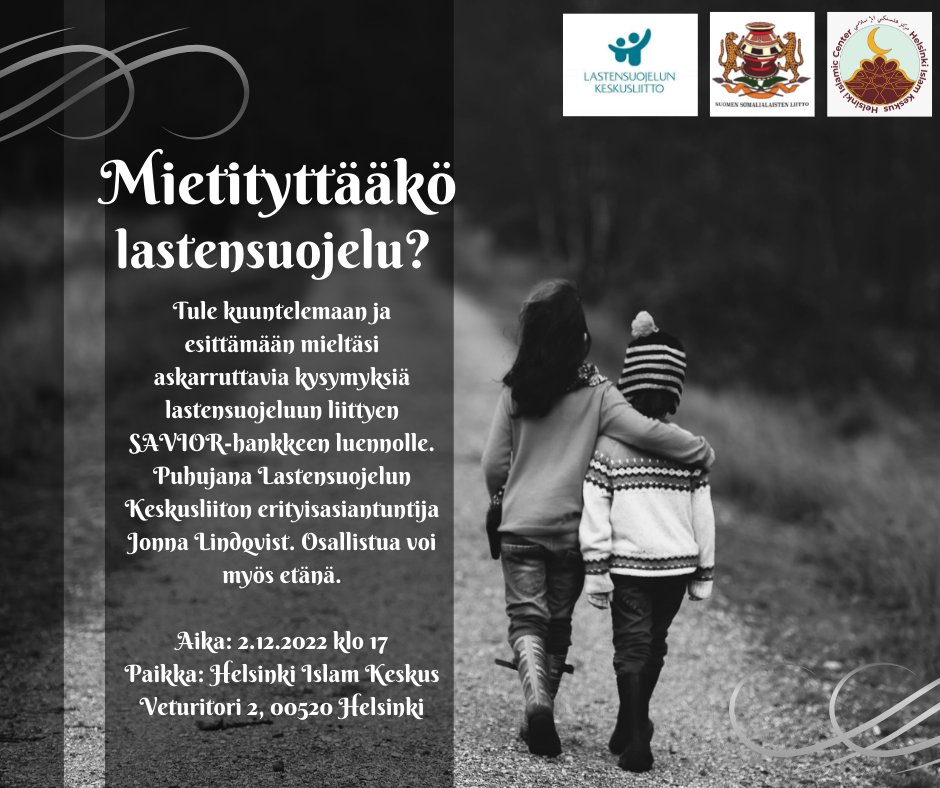 SomaliliittoR's tweet photo. Jos #lastensuojeluun liittyvät asiat askarruttavat, tule rohkeasti mukaan kuuntelemaan erityisasiantuntija Jonna Lindqvistin luentoa aiheesta ja esittämään omia kysymyksiäsi! Luento on osa #Somaliperheen sujuva arki avioeron jälkeen (#SAVIOR) https://t.co/oc0udUU0un