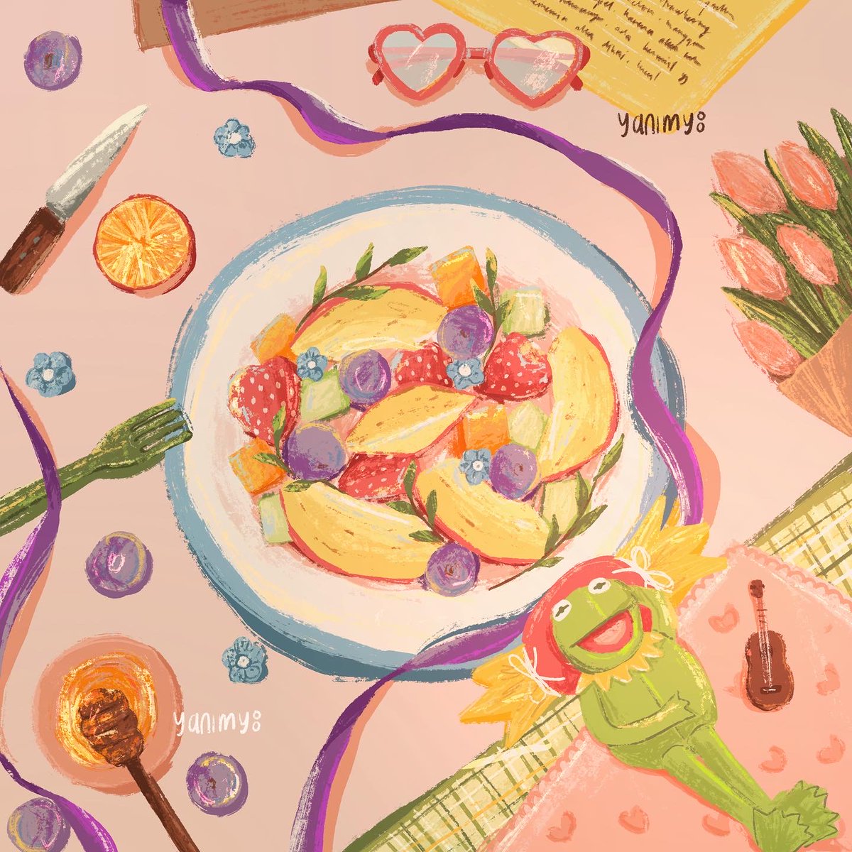 1st week of #producember22 challenge - A plate of fruit with Kermit doll 🍎🍈🥭🍊🫐🐸 

*late post

#fruitillustration #illustration #art #illustration #weeklyprompt #artprompt #artchallenge #procreate #procreateart