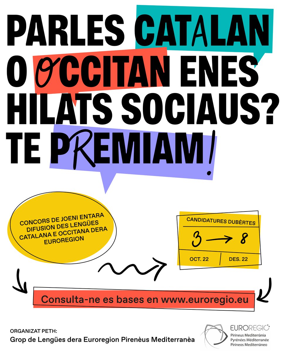 Euroregion's tweet photo. Ep! #concurs #joventut #llengua de l'#euroregio obert fins al 8 de desembre! Parles #catala o #occitan a les xarxes? Participa!
Encara 2 setmanas per participar al #concors #joves #lenga sus las rets. Totas las variantas d'occitan e catalan benvengudas!
🥇 https://t.co/7HeyTpJ2ht https://t.co/UAWsM1CY2L