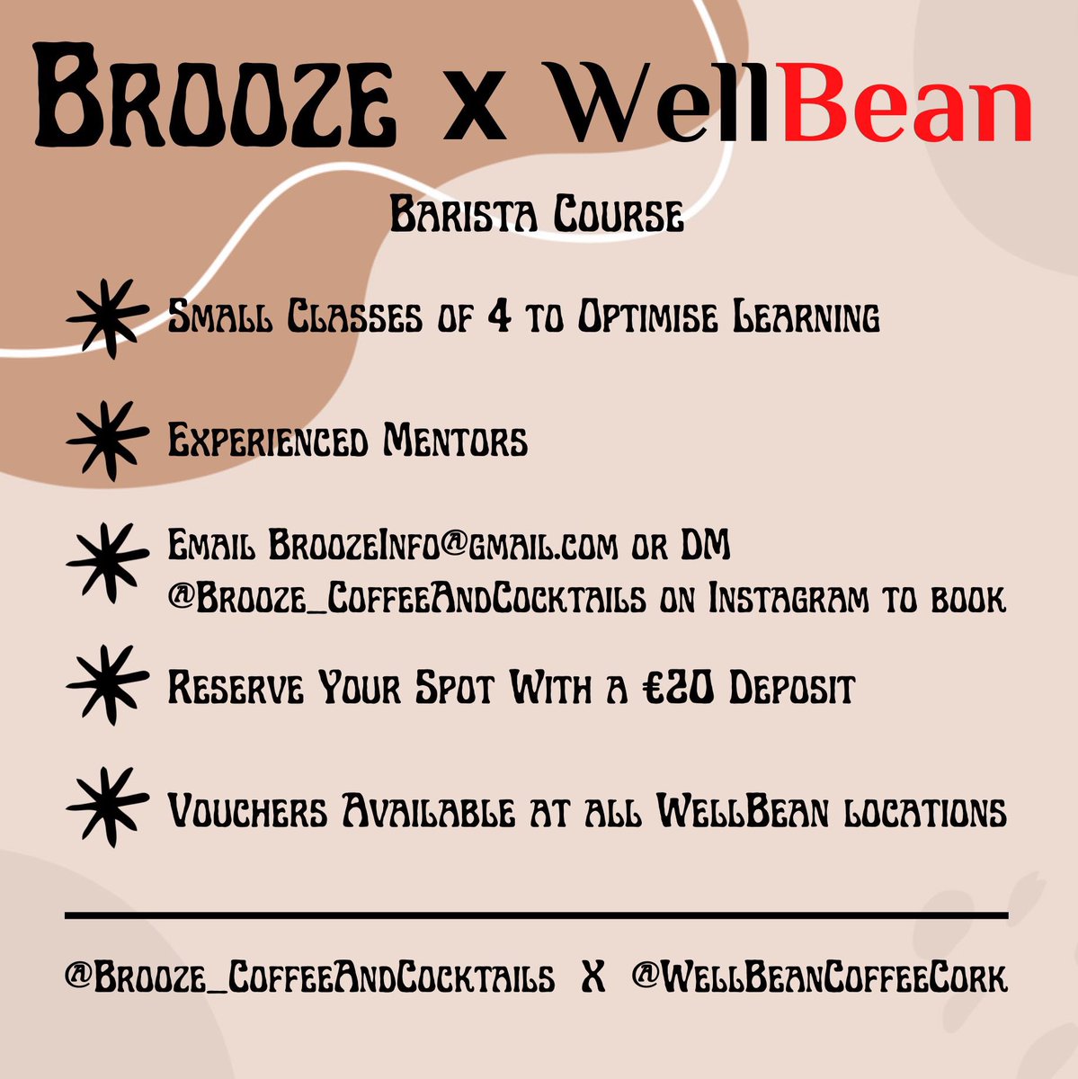 Delighted to announce our partnership with Brooze . Do you know anyone looking to work in coffee industry or learn a new skill ? More details on FB/Insta or by emailing below …. #barista #cork #coffee #specialitycoffee