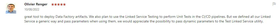 NowinskiK's tweet photo. "great tool to deploy Data Factory artifacts. We also plan to use the Linked Service Testing to perform Unit Tests in the CI/CD pipelines. (...)"
⭐️⭐️⭐️⭐️⭐️
Thx, Olivier!
https://t.co/uYnD6NYHsZ
#adftools #mvpbuzz #cicd #devops @AzDataFactory @SQLPlayer https://t.co/5BE4nRDQwk