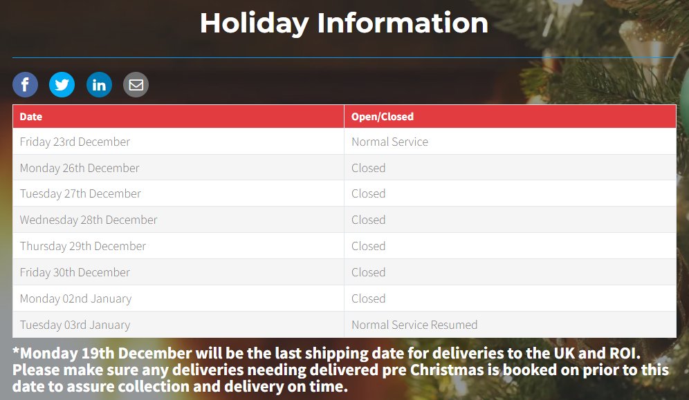 BeattiesFreight's tweet photo. We wanted to keep you updated with the schedule for deliveries during the Festive Holidays.

Below will show the dates we are closed along with the breakdown of dates shipping to the UK and Ireland. 

https://t.co/kUv1AK6fma https://t.co/zANoDwH1BQ