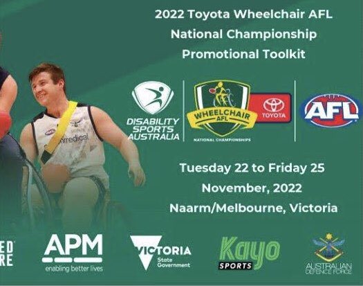 Best wishes to all the men and women competing as a player, umpire, or support staff in the 2022 Toyota Wheelchair AFL National Championship getting under way in Melbourne today. #SportsADF #WheelchairAFLNationals2022 #YourADF @Australian_Navy @AustralianArmy @AusAirForce