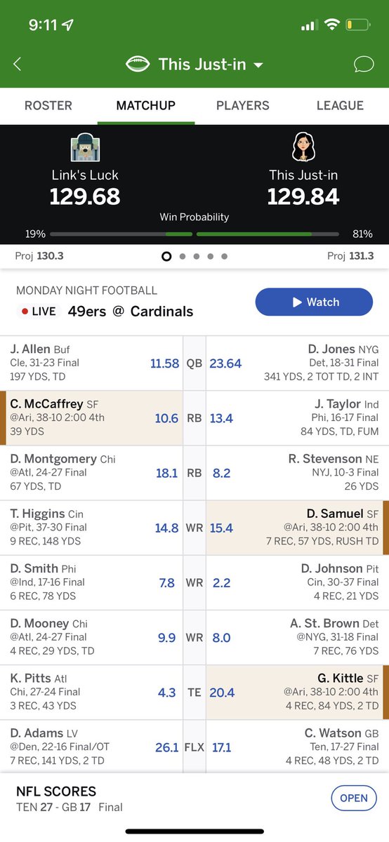 KalieKelman's tweet photo. I have SF D/ST Pic #1 was taken right after the Womack INT Pic #2 was at the end of the game. What happened @ESPNFantasy 😭 https://t.co/6BwApHWyaN