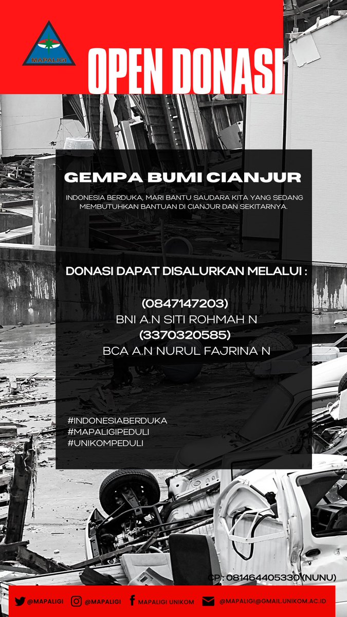 Gempa bumi cianjur. 
Indonesia berduka, mari bantu saudara kita yang sedang membutuhkan bantuan di cianjur dan sekitarnya.   

#indonesiaberduka
#gempabumicianjur 
#mapaligipeduli
#unikompeduli