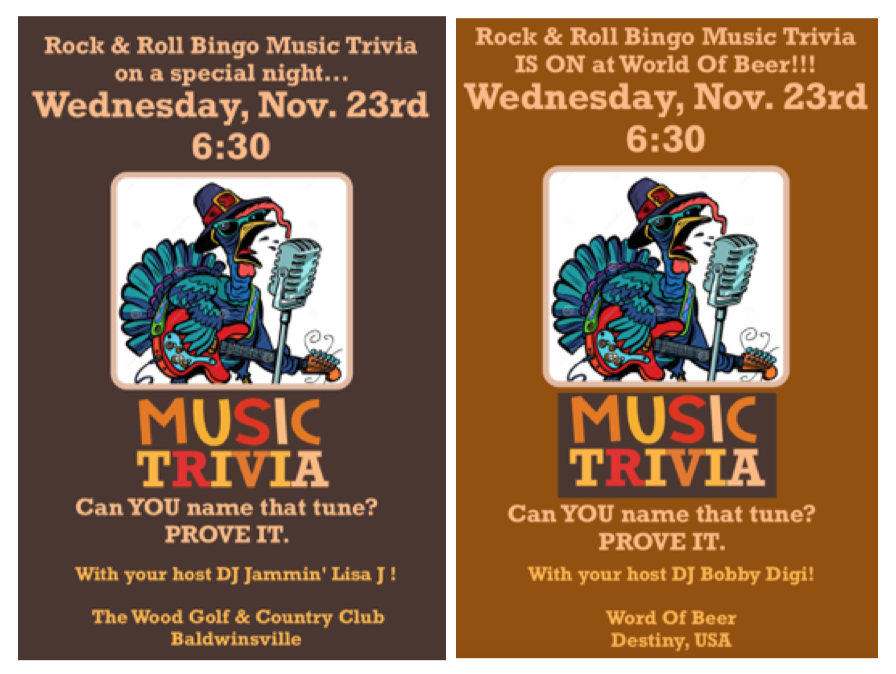 I'm thankful for Music Trivia... THIS WEDNESDAY!!!!! 
Bring those annoying cousins and let Lisa, Bobby and a few choice brews be your buffer!  
They think they can name that tune?  
MAKE 'EM PROVE IT.
World Of Beer, Destiny USA 6:30
The Wood Golf &amp; Country Club, B'vile 6:30