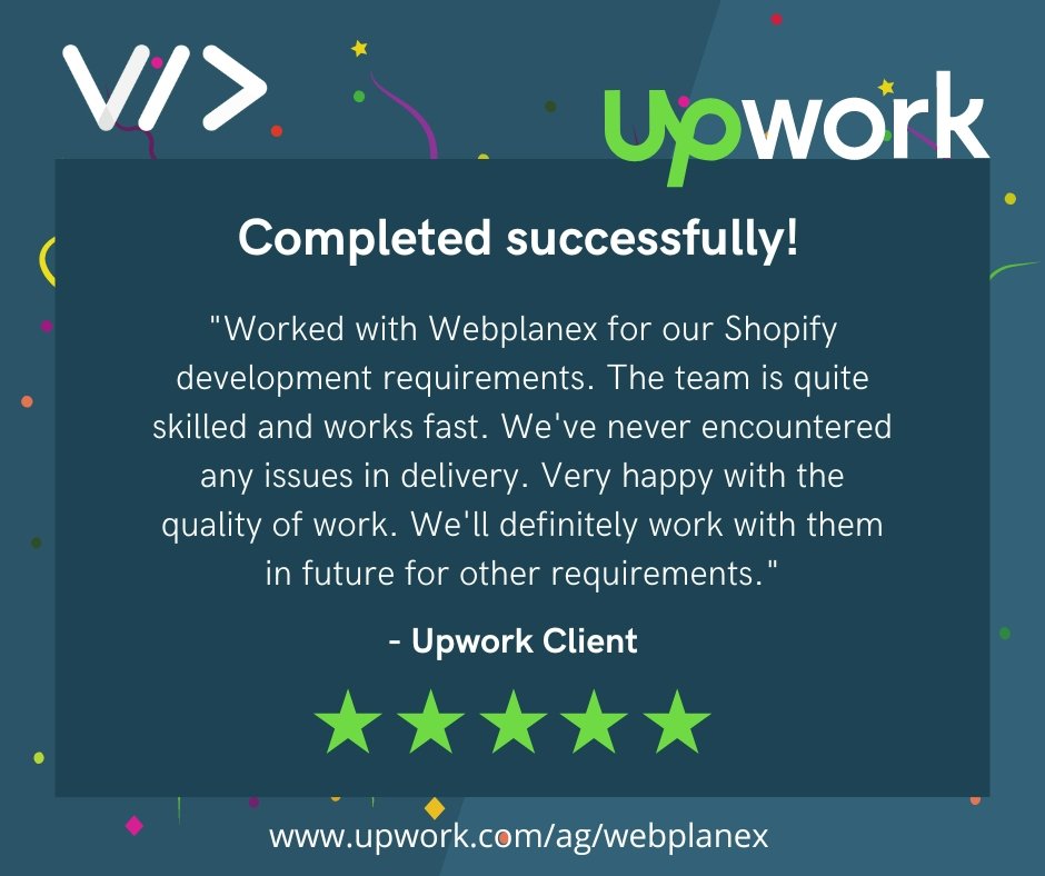 webplanex's tweet photo. We at Webplanex make sure that our clients are completely satisfied with our work, we believe in perfection and honesty.
#upwork #upworkfeedback #workfeedback #worktestimonial #upworksucess #shopify #sucess #shopifyplus #appdevelopment #MobileApp #webplanex https://t.co/H64K21IjA8