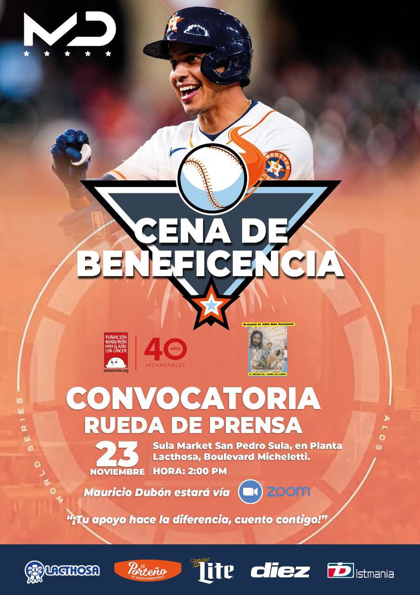 Hemos recibido esta cordial invitación de nuestro compatriota Mauricio Dubon integrante del actual campeón de las grandes ligas de béisbol Astros de Houston.