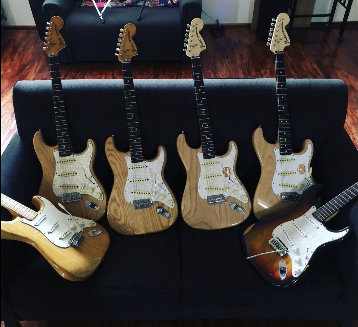 The Staiticaster army… #guitarworld #guitarplayer