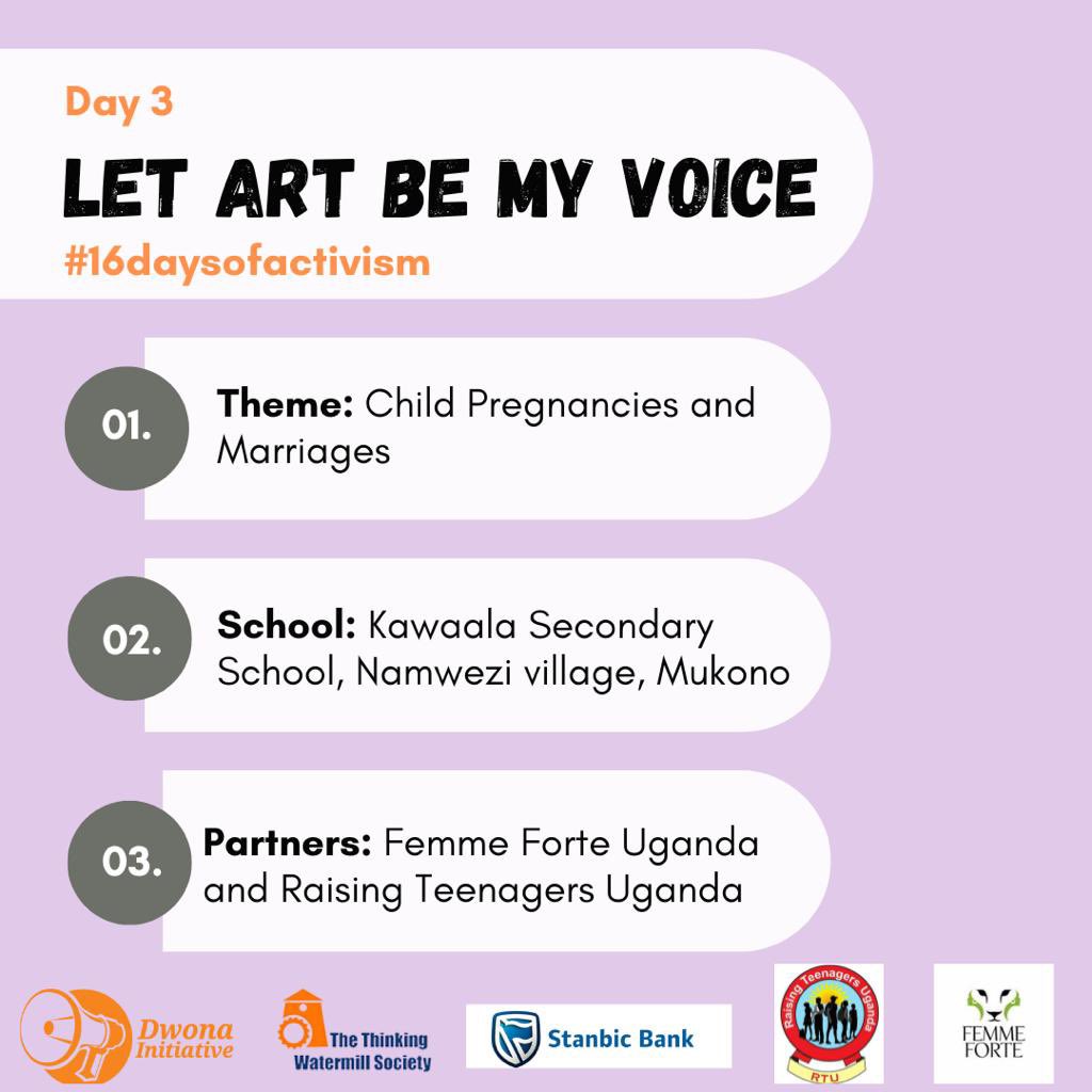 DwonaInitiative's tweet photo. DAY 3: Child PREGNANCIES & MARRIAGES.
📍Kawaala Secondary School, Namwezi Village, Mukono.
Together with @FemmeForteUg @RaisingTeensUg1.
#LetArtBeMyVoice #16DaysofActivism #16DaysUg https://t.co/m0xugRhvR4