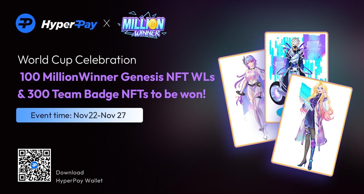 Hpx_Official's tweet photo. Nonstop HyperPay #Giveaway -@Million__Winner airdrop is live now 😍😍

🏆 100 MillionWinner Genesis NFT WLs &amp; 300 Team Badge NFTs
⏲️End on Nov 27

✅Claim: First come, first served

To join: 
HyperPay Web3 wallet-DApp-click banner event page-Fill out the Gleam form https://t.co/Q4THKvWKuI