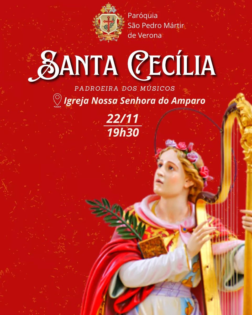 paulodeerre's tweet photo. A Paróquia São Pedro Mártir de Verona convida a todos os músicos a participarem da Missa em honra a Santa Cecília, padroeira dos músicos.

Local: Igreja Nossa Senhora do Amparo em Olinda
Data/Hora: 22/11 (hoje) às 19:30

Santa Cecília, rogai por nós! https://t.co/32xXwmQkYu