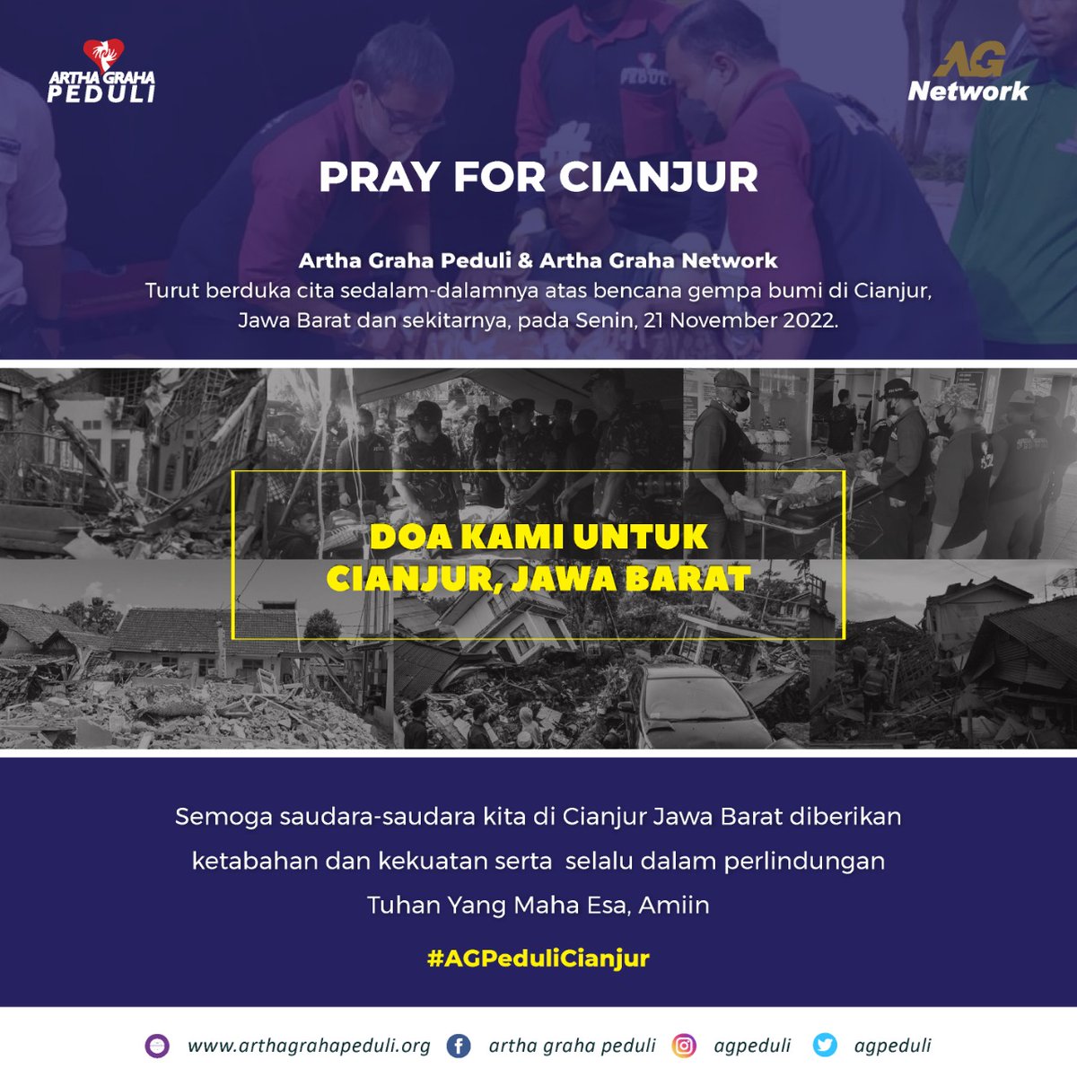 Artha Graha Peduli & Artha Graha Network Turut berduka cita sedalam-dalamnya atas bencana gempa bumi di Cianjur, Jawa Barat dan sekitarnya, pada Senin, 21 November 2022. #ArthaGrahaPeduli #AGPeduli #AGPedulicianjur #prayforcianjur #agpedulibencana