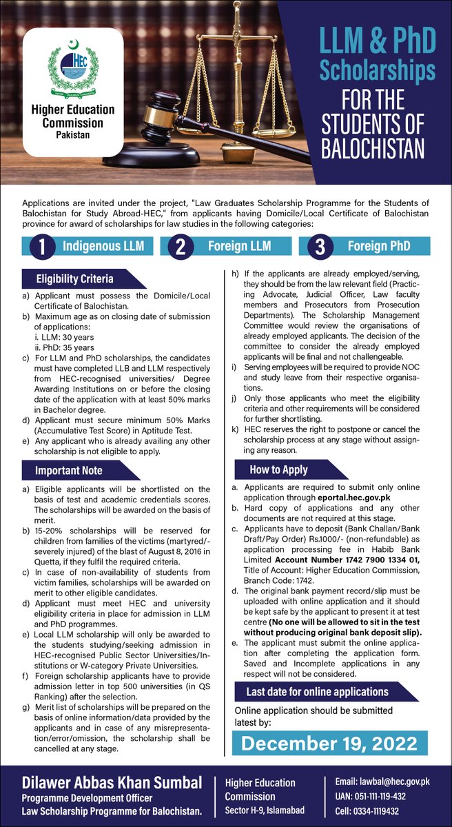 𝗟𝗟𝗠 &amp; 𝗣𝗵𝗗 𝗦𝗰𝗵𝗼𝗹𝗮𝗿𝘀𝗵𝗶𝗽𝘀 𝗳𝗼𝗿 𝘁𝗵𝗲 𝘀𝘁𝘂𝗱𝗲𝗻𝘁𝘀 𝗼𝗳 𝗕𝗮𝗹𝗼𝗰𝗵𝗶𝘀𝘁𝗮𝗻

For details, please visit: hec.gov.pk/english/schola… 

Deadline: 𝗗𝗲𝗰𝗲𝗺𝗯𝗲𝗿 𝟭𝟵, 𝟮𝟬𝟮𝟮