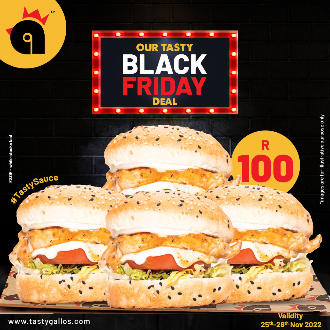 TastyGallosSA's tweet photo. Get 4 Gallo Burgers for just R100 this #TastyBlackFriday … Tasty Neh?
Valid from 25-28 November 2022
#Gallowise #Blackfriday #Tastydeal #GalloApp #KeepItTastyNeh #TastyNeh #KingOfTastyFood #tasty #gallos #tastygallos #galloeffect #tastyapp #download #mobileapp #southafrica https://t.co/gkPLPgfnLB