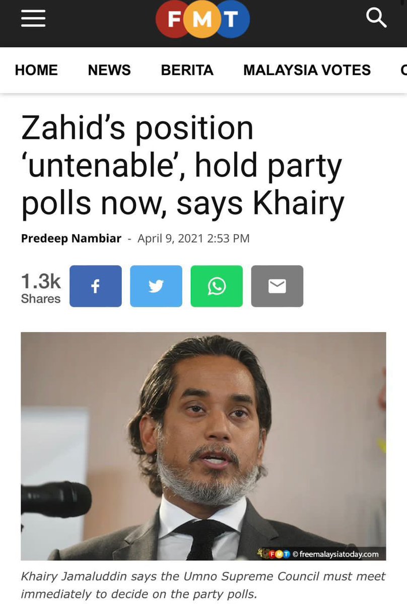 Khairykj's tweet photo. “Kenapa sekarang baru nak bersuara?”
2018 saya lawan @DrZahidHamidi untuk Presiden UMNO. Lepas tu banyak kali cakap dia kena beri laluan.

“Kau kalah tak payah komen.”
Saya masih ahli UMNO. Ahli UMNO ada hak bersuara. https://t.co/TZGiwTsyJU