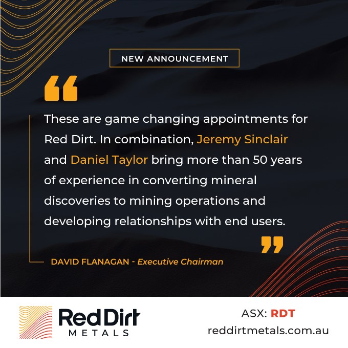 DeltaLithium's tweet photo. #RDT Red Dirt Metals is pleased to announce the appointment of Jeremy Sinclair and Daniel Taylor, two highly respected mining executives to lead the accelerated development of Red Dirt's Mt Ida Lithium Project. 
Announcement:https://t.co/wIsKm0K2wE
#MtIda #Lithium #Mining #ASX https://t.co/i0GauB9ApS