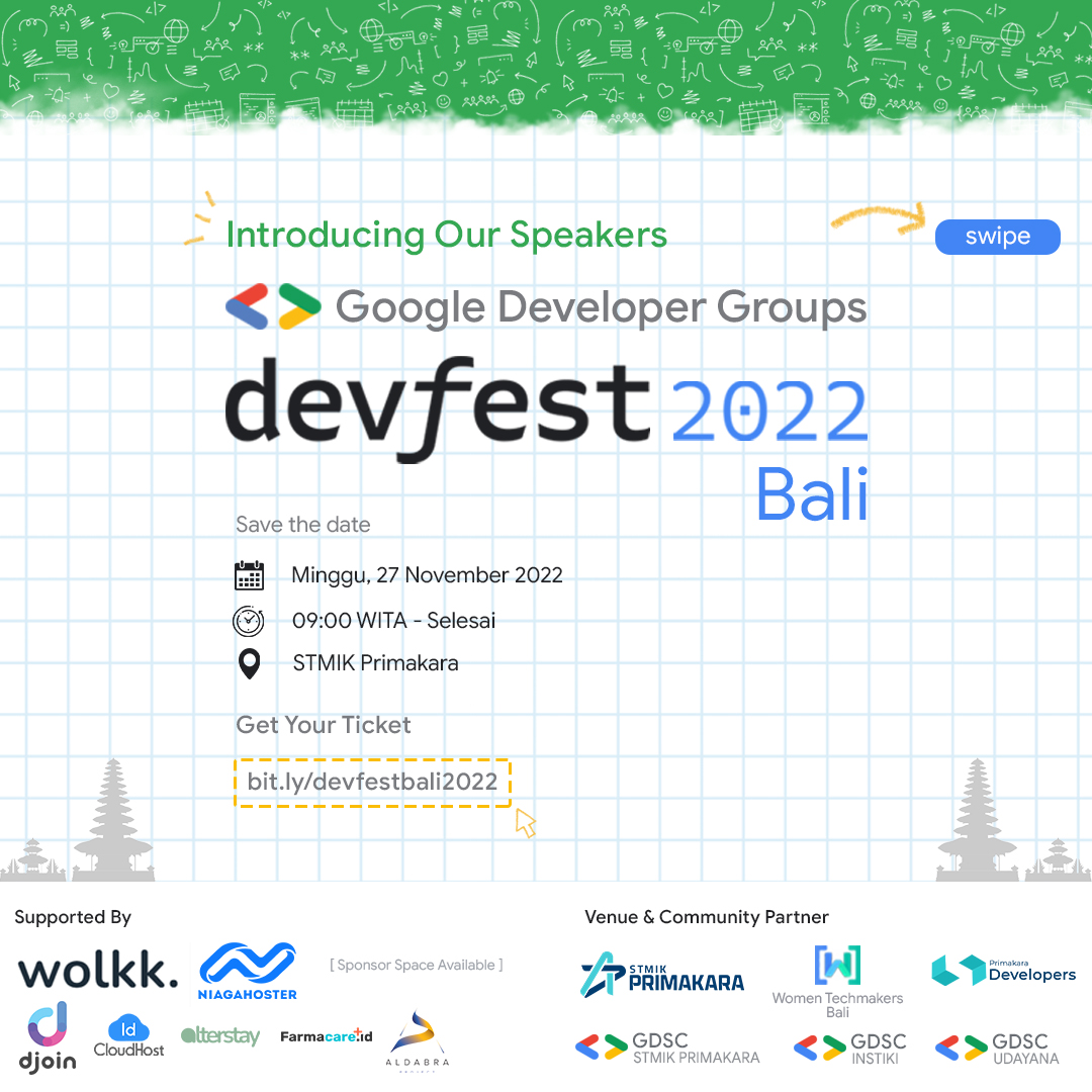 gdgbali's tweet photo. DevFest 2022 it's coming!!!!!. 

Hallo semua!! 👋🏻✨
Apa kabar? Semoga dalam keadaan sehat yaa! 😎
Gimana udah pada gak sabar yaa nunggu DevFest 2022? 🥳

Berikut akan kita berikan spoiler sebagian besar speakers yang bakal meramaikan DevFest tahun ini 🤩 https://t.co/nkWDpMdXXc