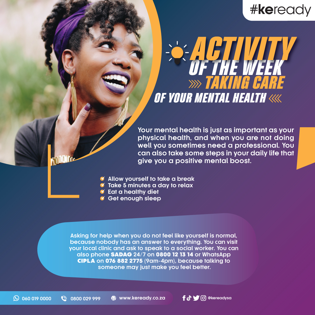kereadysa's tweet photo. At #keready we do not only encourage physical health, but we believe mental health is equally important.
Remember to prioritise your mental health this week! ✨🙌
#ActivityOfTheWeek #selfcare #mentalhealth https://t.co/aNBbtYQNbO