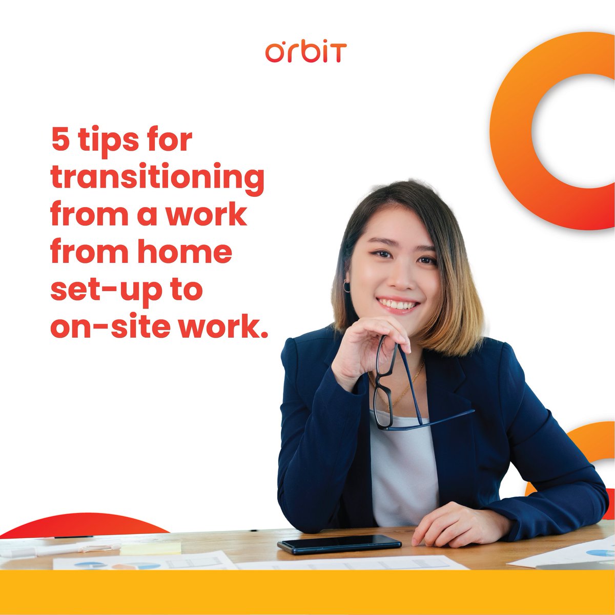 OrbitCareerHub's tweet photo. After working from home for a while, it can be difficult to return to an on-site job. Here are 5 tips for transitioning from a work-from-home setup to on-site work 🤔
Visit https://t.co/xwE6khnYWG to learn more. #orbitcareertips #careerhack #lifehack #makemeaning https://t.co/3IqTPwLHKu