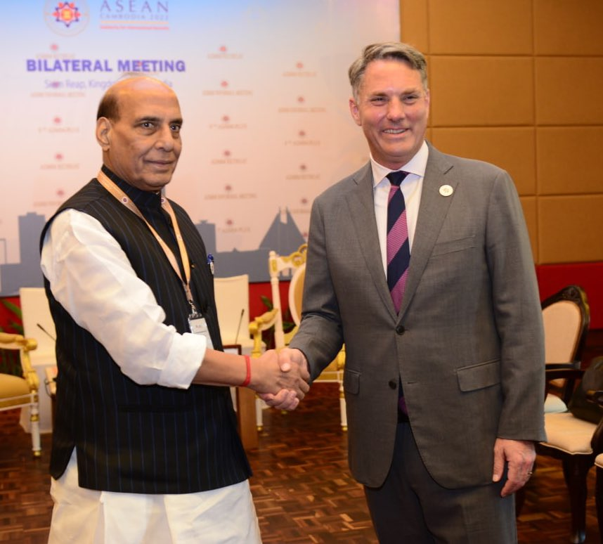 ANI's tweet photo. Insightful deliberations with Australia’s Deputy Prime Minister and Minister for Defence Richard Marles on boosting defence ties and deepening cooperation between India &amp; Australia in Siem Reap, Cambodia today: Defence Minister Rajnath Singh https://t.co/VkJ33YH9VX