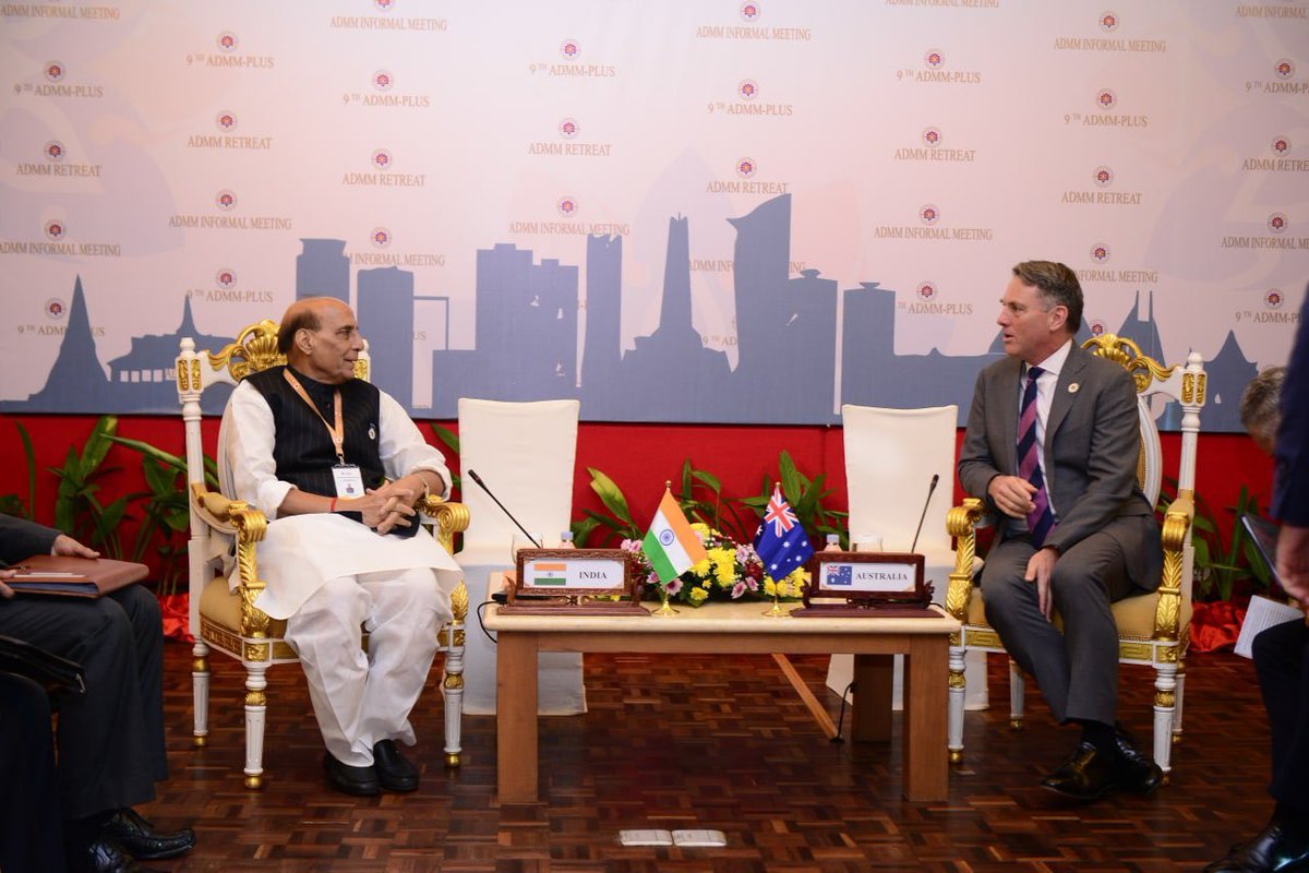 ANI's tweet photo. Insightful deliberations with Australia’s Deputy Prime Minister and Minister for Defence Richard Marles on boosting defence ties and deepening cooperation between India &amp; Australia in Siem Reap, Cambodia today: Defence Minister Rajnath Singh https://t.co/VkJ33YH9VX