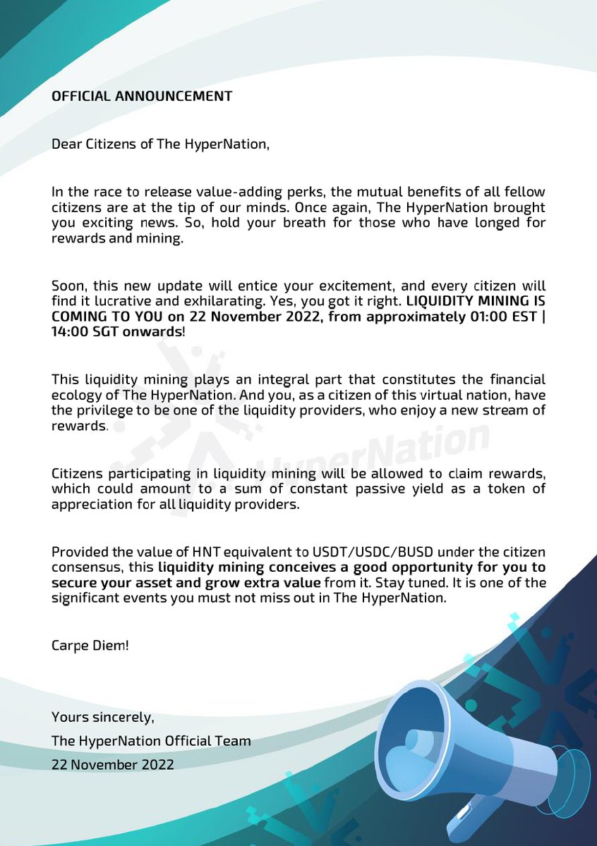 🚨OFFICIAL ANNOUNCEMENT🚨

GOOD NEWS! Liquidity Mining is officially launched NOW!🚀 Enjoy the privilege to be one of the liquidity providers for a new stream of rewards.

Read to find out!

Official Site: hyperyield.io

Yours sincerely,
The HyperNation Official Team