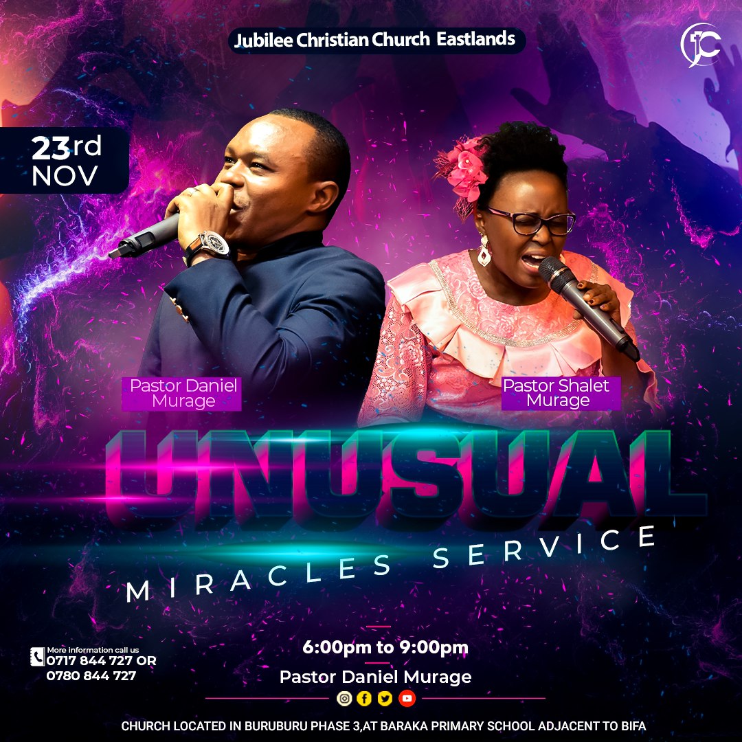 pastordanmurage's tweet photo. You are invited to the UNUSUAL MIRACLES SERVICE this Wednesday.
•Time: 6:00pm
NB: Be reminded Wednesday is our day of corporate fasting for 24hrs
God bless you!
#UnusualMiraclesService
#PstDanielMurage
#JCCEChangingLives
@Jcceast @pastorshalet @pastordanmurage https://t.co/VCGfA6sEZG