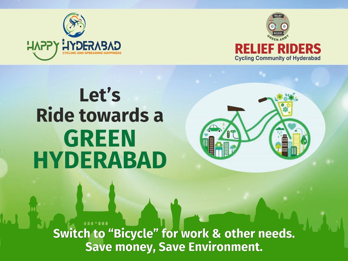 #happyhyderabad #Reliefridershyderabad 

Let's Ride towards a #GreenHyderabad Green Hyderabad 

#COPHyderabad
#COP27
#adoptcycling
#cycle2work
#cycle2school
#Cycle4Change
#hyderabadCyclingRevolution 
#communityservicebybicycle 
@sselvan @KTRTRS @arvindkumar_ias #SaveEarth