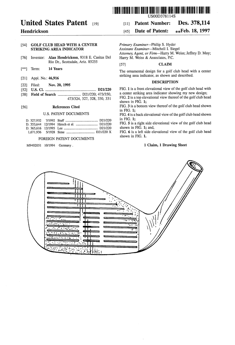 uspatentbot's tweet photo. USD378114S - Golf club head with a center striking area indicator 
        
https://t.co/m5ViwosrbU https://t.co/YAehPVMPgT
