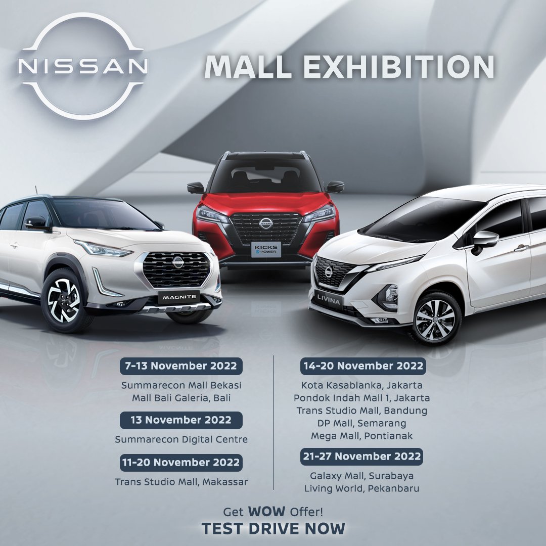 Nissan Lovers, Ayo kunjungi Nissan Exhibition di mall terdekat mulai dari 7 - 27 November 2022.

Yuk, kenal lebih dekat dengan produk dari Nissan dengan merasakan test drive langsung Nissan Magnite, Nissan Kicks e-POWER dan Nissan Livina.

#NissanIndonesia
