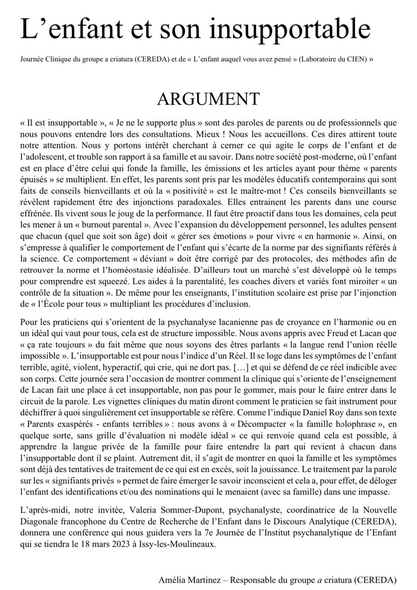 ACFRestonica's tweet photo. Valeria Sommer Dupont sera notre invitée le samedi 10 décembre 🗓Journée clinique du groupe a criatura (CEREDA) &amp; de « l’enfant auquel vous avez pensé » (CIEN). Cet événement organisé ac l’@ACFRestonica s’inscrit dans la perspective de la 7eme Journée de l’ @Institut_Enfant https://t.co/YS3hJikcgC