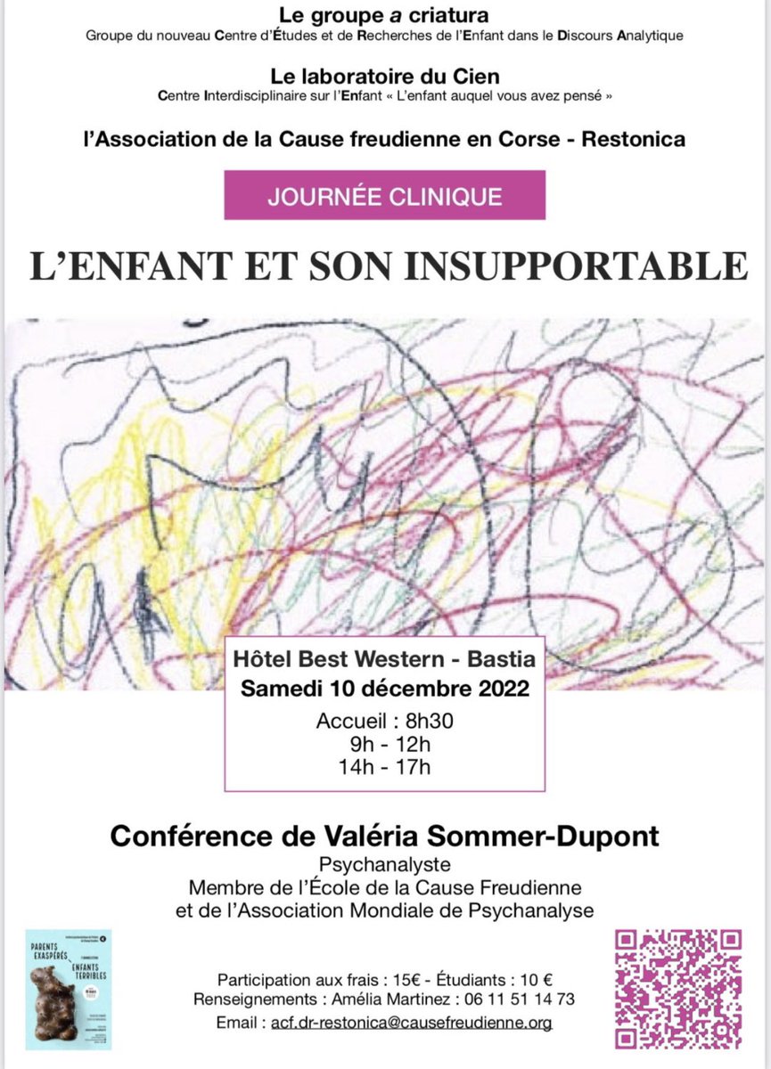 ACFRestonica's tweet photo. Valeria Sommer Dupont sera notre invitée le samedi 10 décembre 🗓Journée clinique du groupe a criatura (CEREDA) &amp; de « l’enfant auquel vous avez pensé » (CIEN). Cet événement organisé ac l’@ACFRestonica s’inscrit dans la perspective de la 7eme Journée de l’ @Institut_Enfant https://t.co/YS3hJikcgC