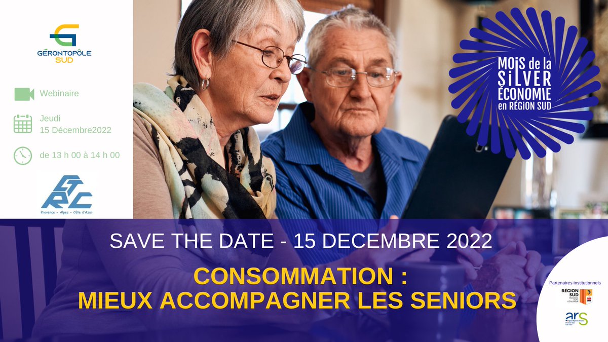 📆 RDV le 15 décembre à 13 h avec le Gérontopôle Sud et le CTRC PACA pour un webinaire sur la #consommation  des #seniors 

👉🏼 Inscription : lnkd.in/eSCY53Qh
