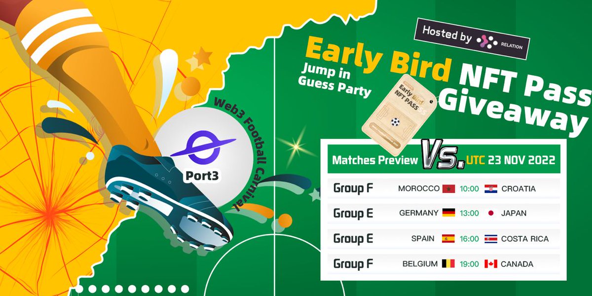 Port3Network's tweet photo. #Web3 Football Carnival 2022⚽️#Giveaway
⏰48H!
🕊10 ✖️ SPECIFIC Early Bird #NFT Pass
✅ RT & Follow @Port3Network & @relationlabs
✅ Drop your $ETH address
Hurry up!🔥Jump in GUESS PARTY!
Carnival Portal: https://t.co/OEhVPY0oDC https://t.co/jmHd1clge1