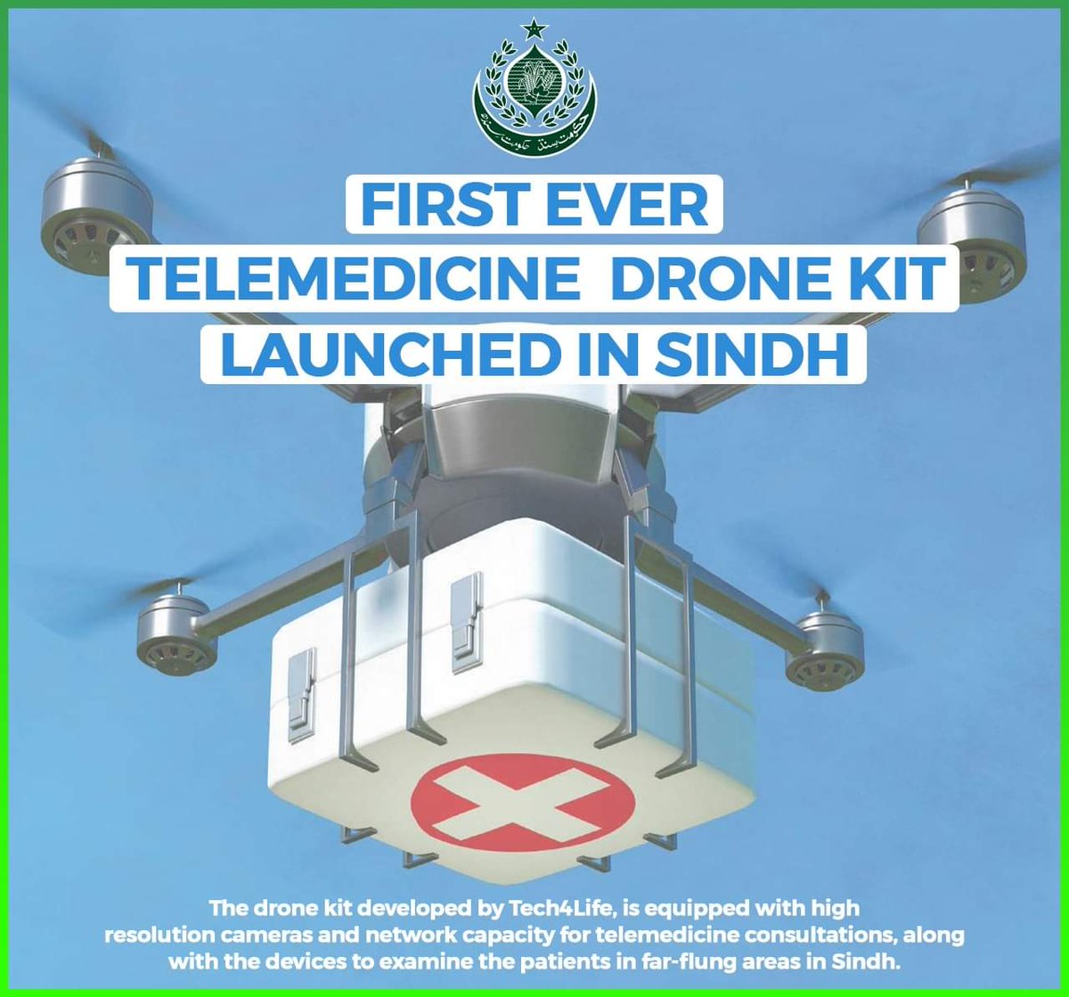 Rafiqkhattak3's tweet photo. Sindh Health Minister Dr. @AzraPechuho has launched first telemedicine drone kit developed by #Tech4Life. The drone kit is equipped with high resolution cameras and network capacity for telemedicine consultations. https://t.co/2MvonuKLPu