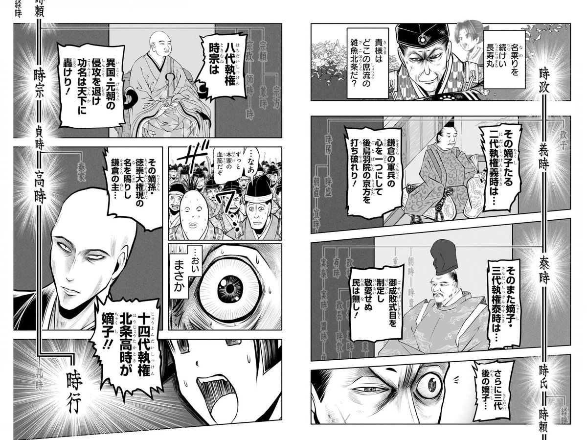 遅ればせながら『逃げ上手の若君』最新8巻読了。 ここの名乗りある意味ひとつのクライマックスなのに表紙は時行じゃないのねw 思えば『鎌倉殿の13人』見る前は北条にそこまで思い入れがなかったんで、以前だったらこの名乗りも感慨深くはなかっただろうな。今見ると系図がもう親しみある名前ばかりw