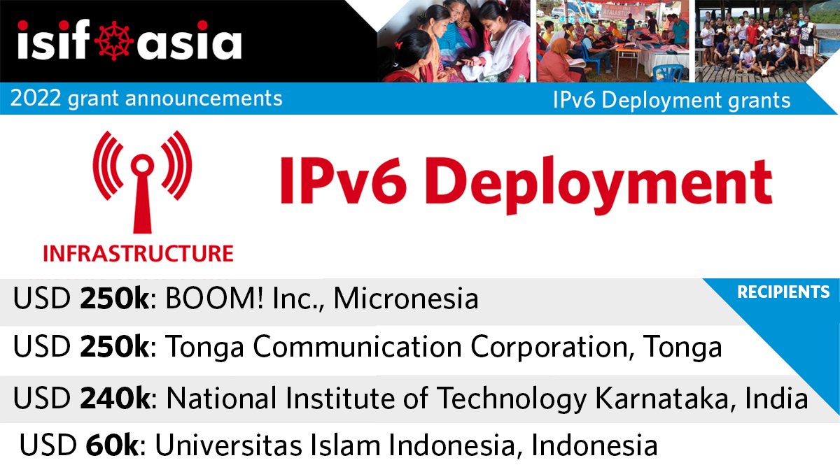 We are proud to announce our inaugural #IPv6 Deployment Grant recipients. We are confident these four organizations will do great work supporting IPv6 in #AsiaPacific #Internet networks
 
isif.asia/2022-ipv6-depl…